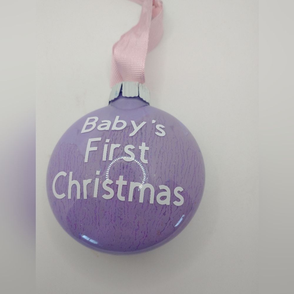 Handcrafted Baby's First Christmas Ornament Purple Plastic Bulb Holiday Decor 3"